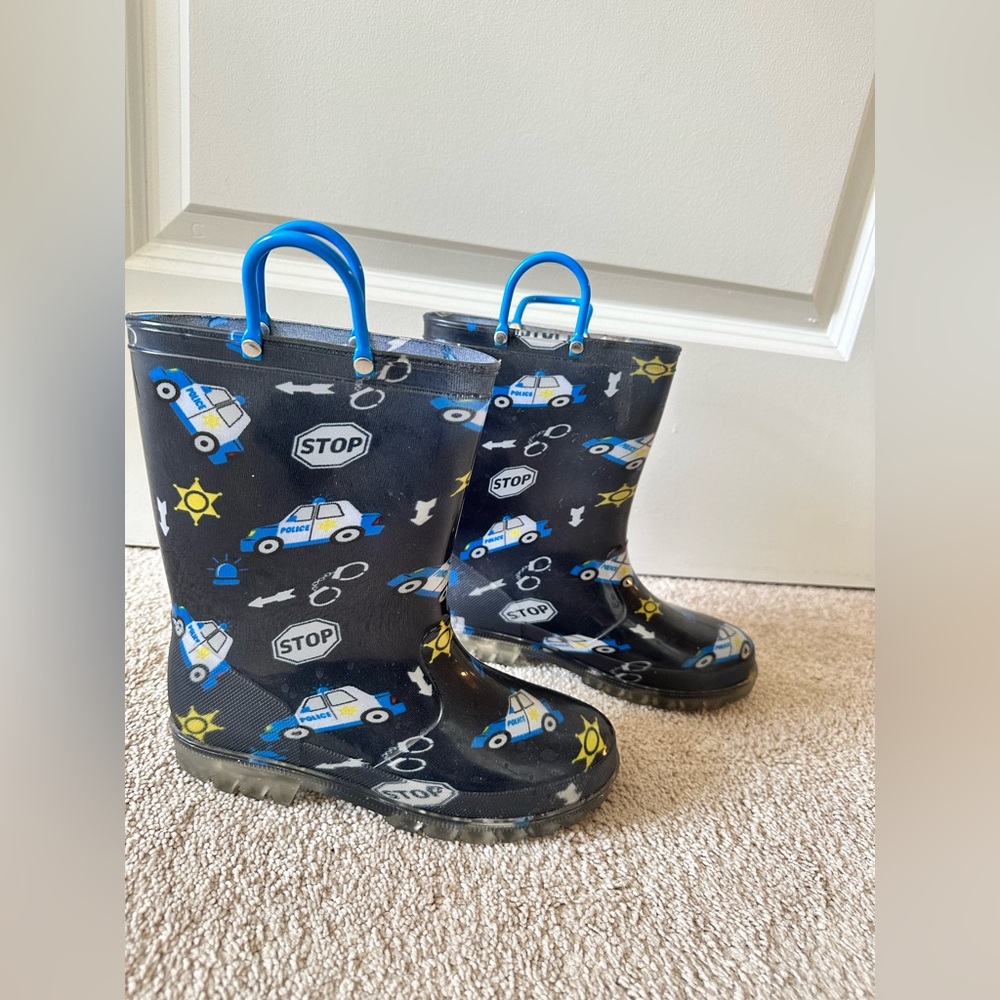 Big Kids Light Up Police Car Print Rain Boots with Easy-On Handles Size 3